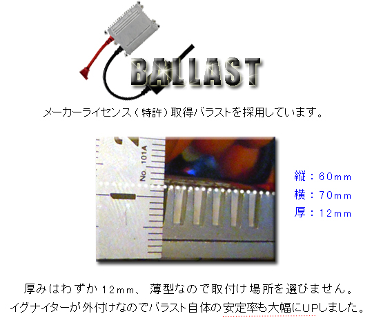 特許取得バラストを採用しています。厚みはわずか12ミリ、縦60ミリ、横70ミリと超コンパクト。なので、取り付け場所を選びません。更に、イグナイターが外付けなので、バラスト自体の安定率も大幅にUPしました。